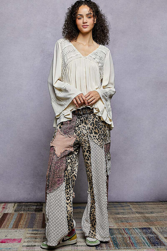 POL Cream Bell Long Sleeve Deep V-Neck Top