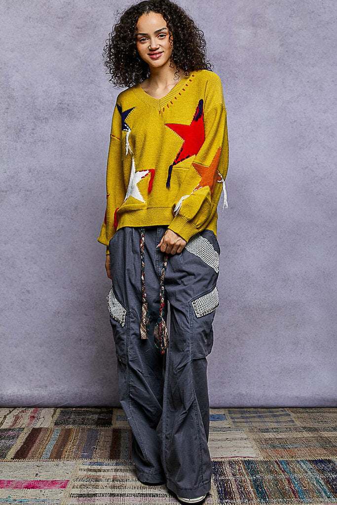 POL Mustard V-Neck Fringe Star Sweater