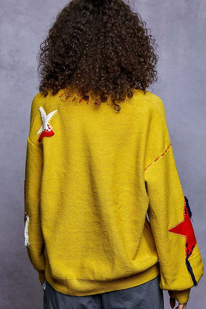 POL Mustard V-Neck Fringe Star Sweater