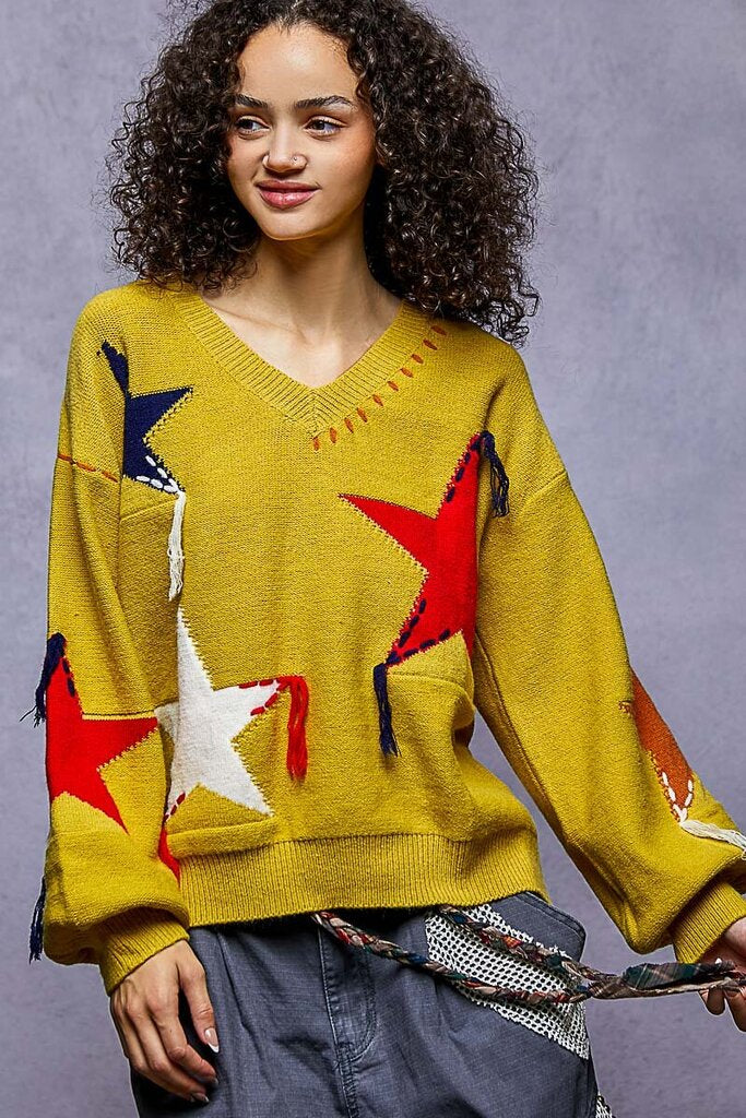 POL Mustard V-Neck Fringe Star Sweater