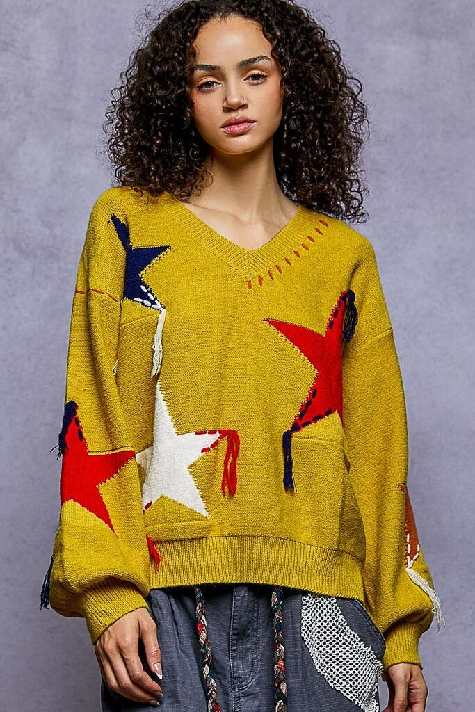 POL Mustard V-Neck Fringe Star Sweater