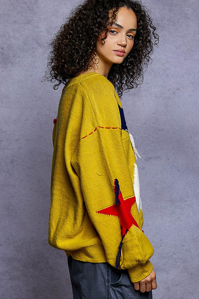 POL Mustard V-Neck Fringe Star Sweater