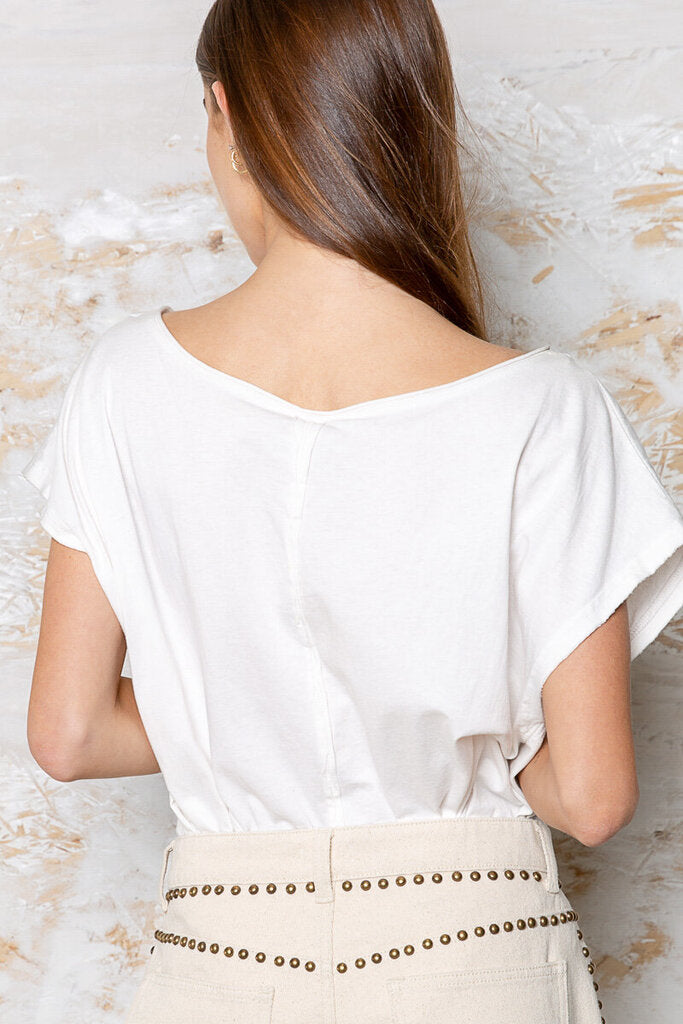 POL White V-neck Short Sleeve Peace Cotton Top