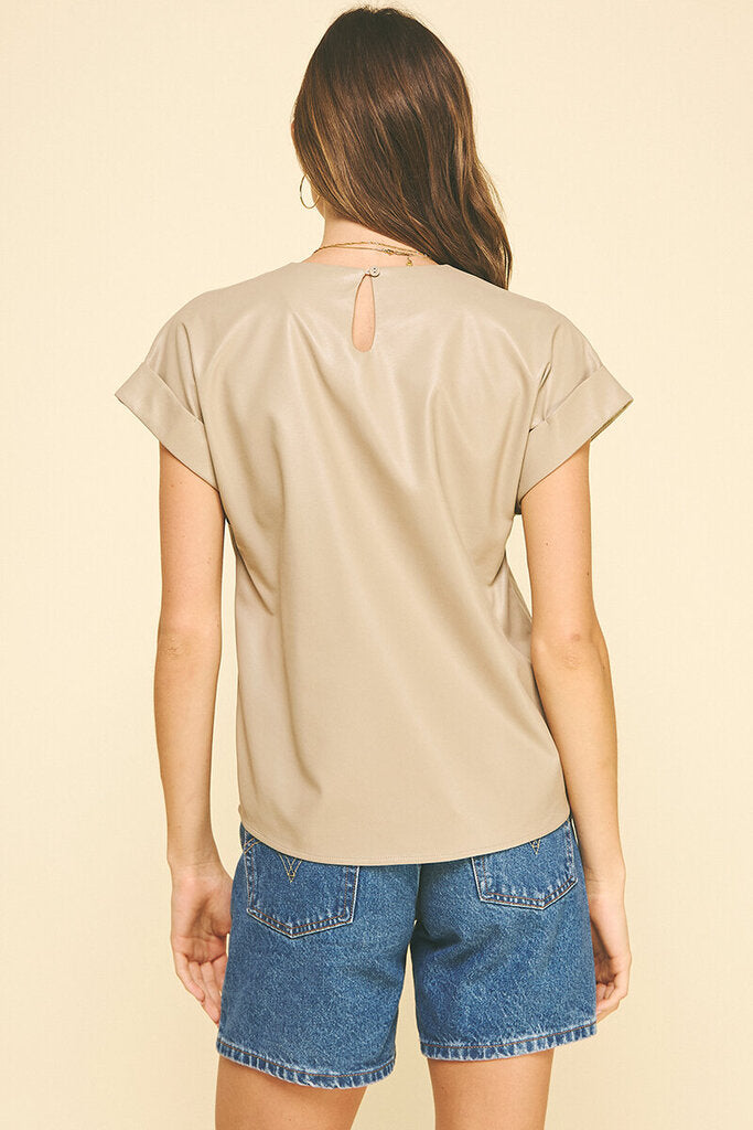 PINCH Tan Pleather Cuffed Short Sleeve Top