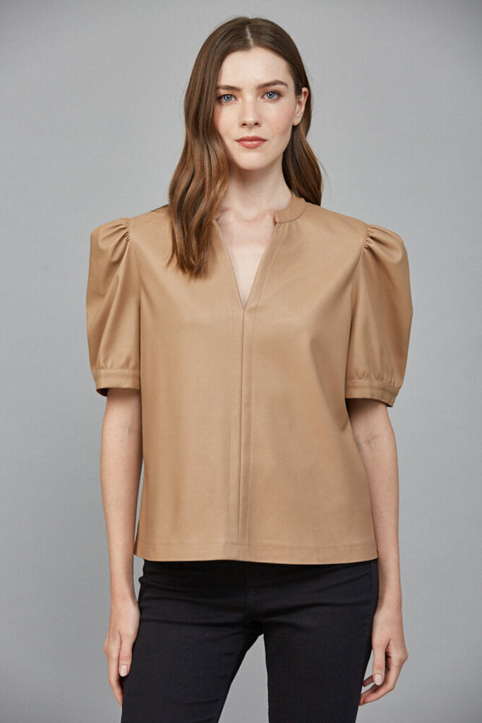 FATE Tan Split Neck Puff Short Sleeve Top