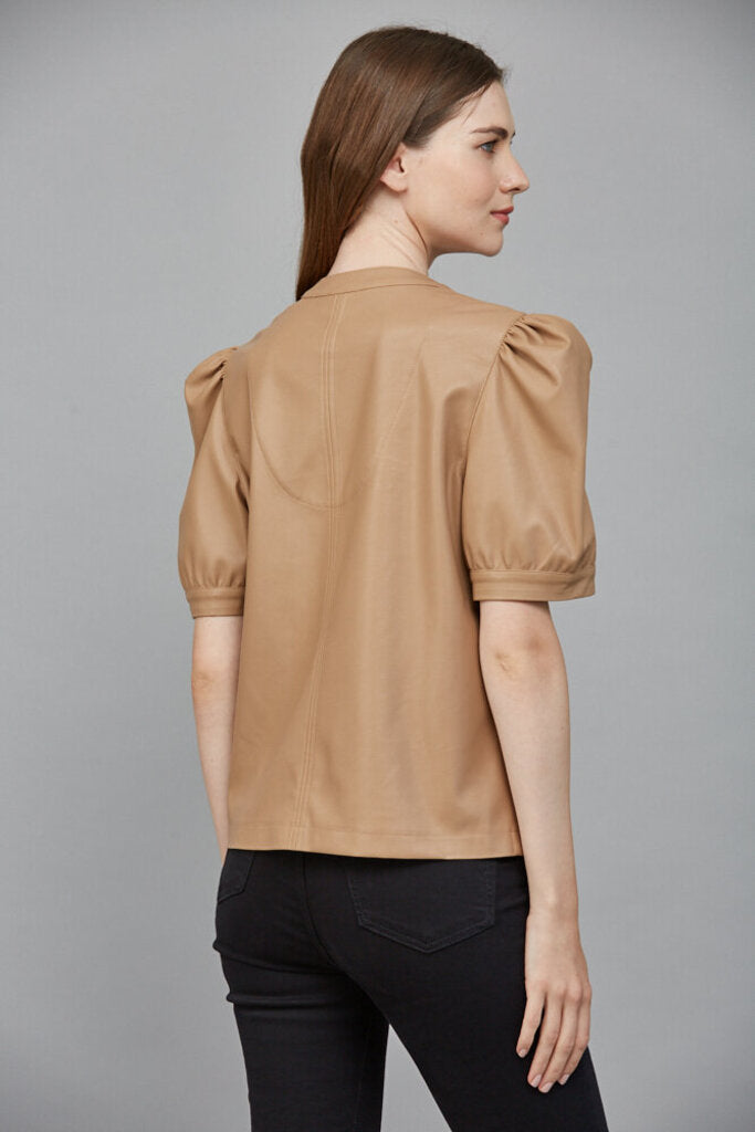FATE Tan Split Neck Puff Short Sleeve Top