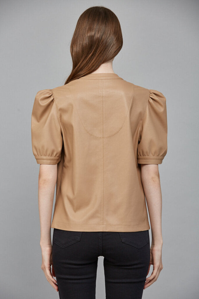 FATE Tan Split Neck Puff Short Sleeve Top