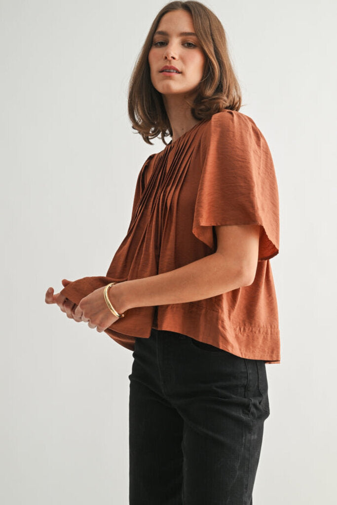 FUN2FUN Cinnamon Short Sleeve Pintuck Top