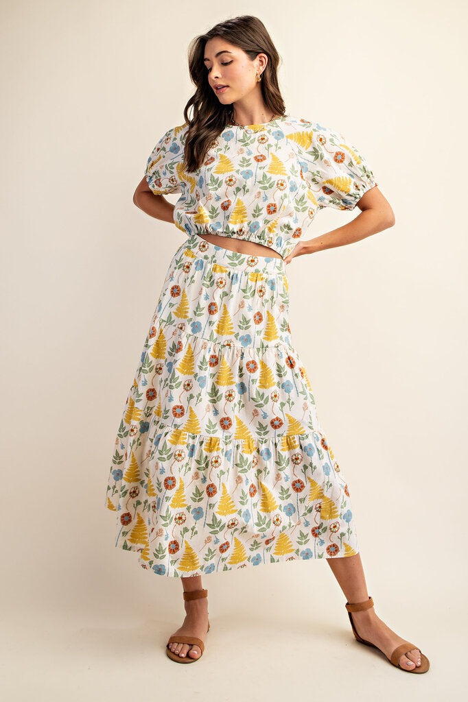 GIGIO Natural and Multi Vintage Floral Teared Skirt Set