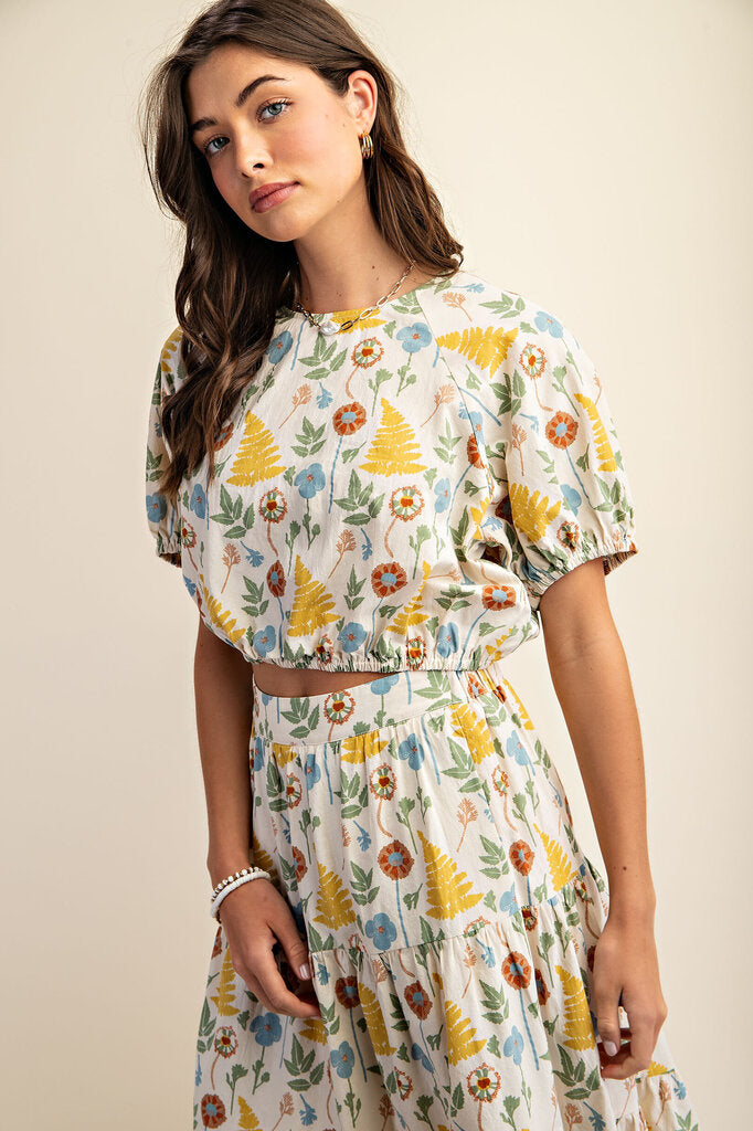 GIGIO Natural and Multi Vintage Floral Teared Skirt Set
