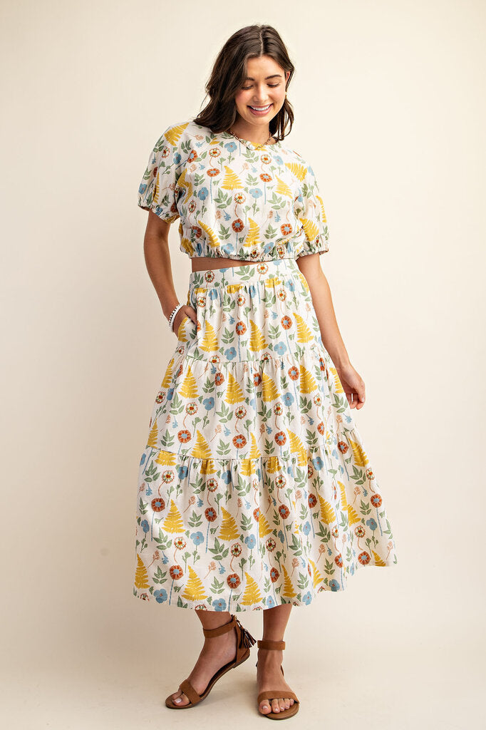 GIGIO Natural and Multi Vintage Floral Teared Skirt Set