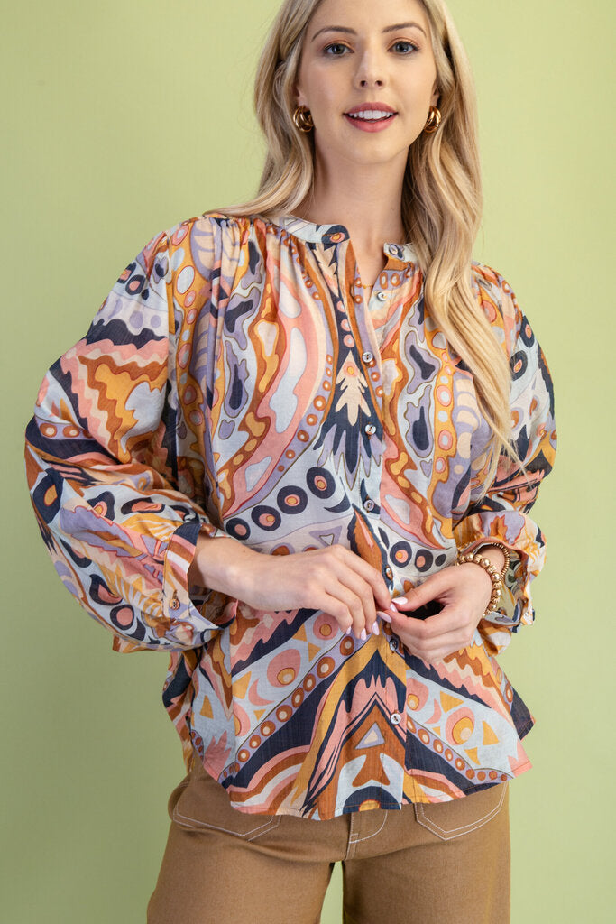 GIGIO Multi Retro Print Button-up Long Sleeve Top