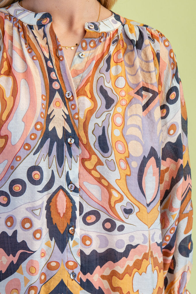 GIGIO Multi Retro Print Button-up Long Sleeve Top