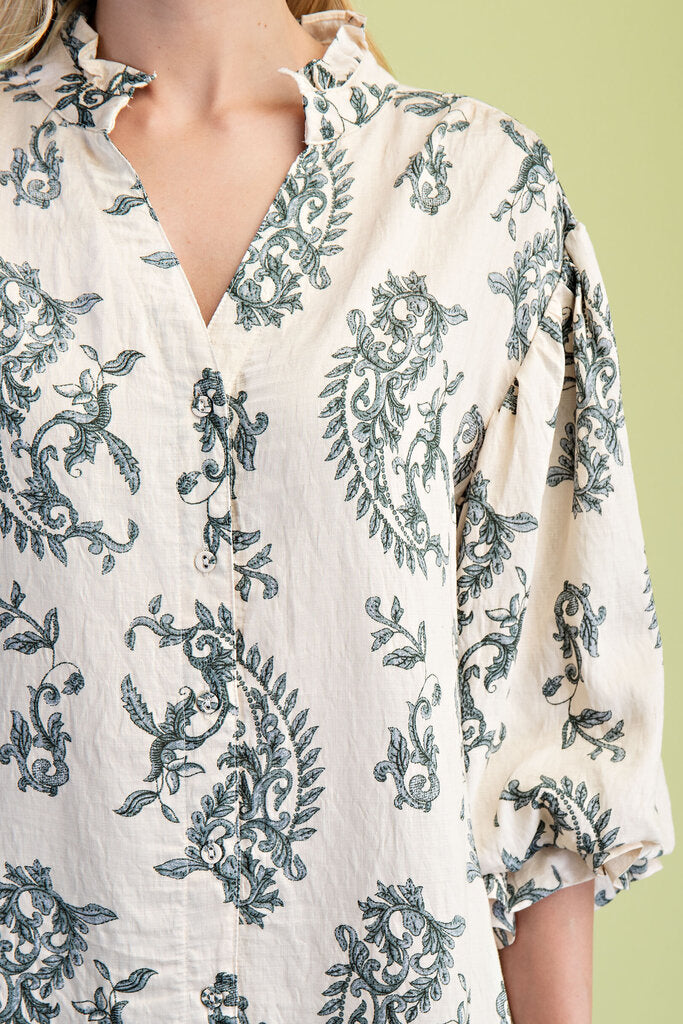 GIGIO Cream and Navy Paisley Button-up Mid Sleeve Top