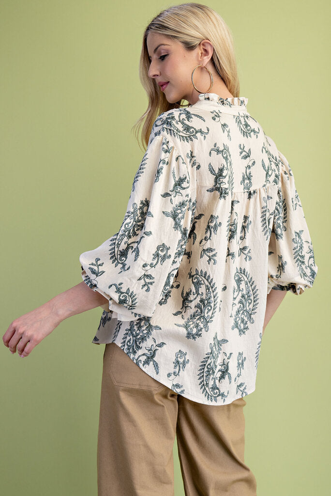 GIGIO Cream and Navy Paisley Button-up Mid Sleeve Top