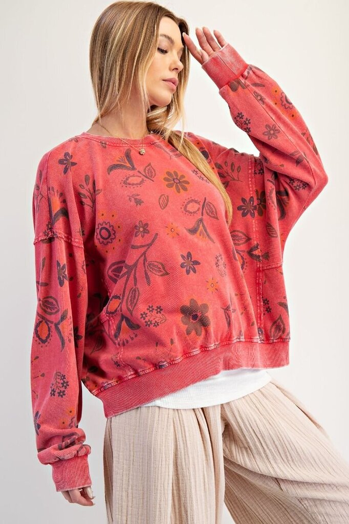 EASEL Red Mineral Wash Long Sleeve Floral Print Cotton Pullover Top