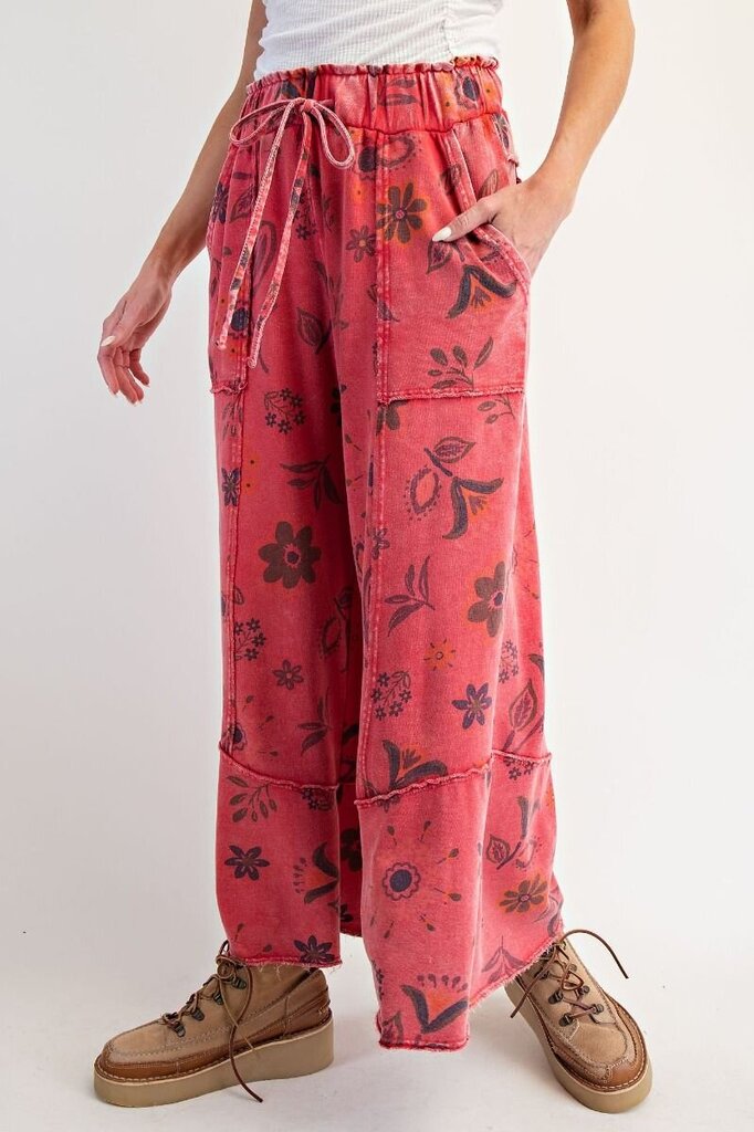 EASEL Red Mineral wash Floral Lounge Pant