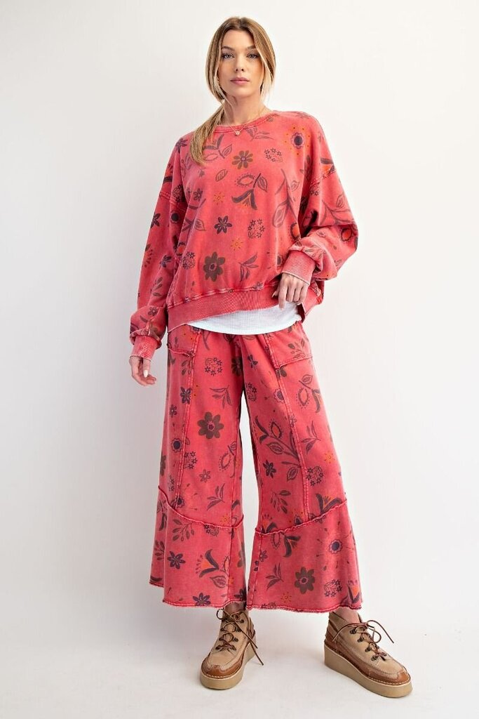 EASEL Red Mineral wash Floral Lounge Pant
