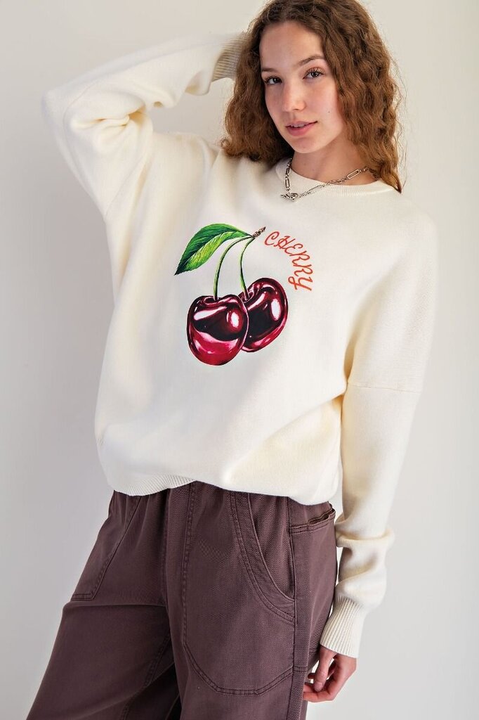 EASEL Cream Pullover Cherry Print Cotton Sweater