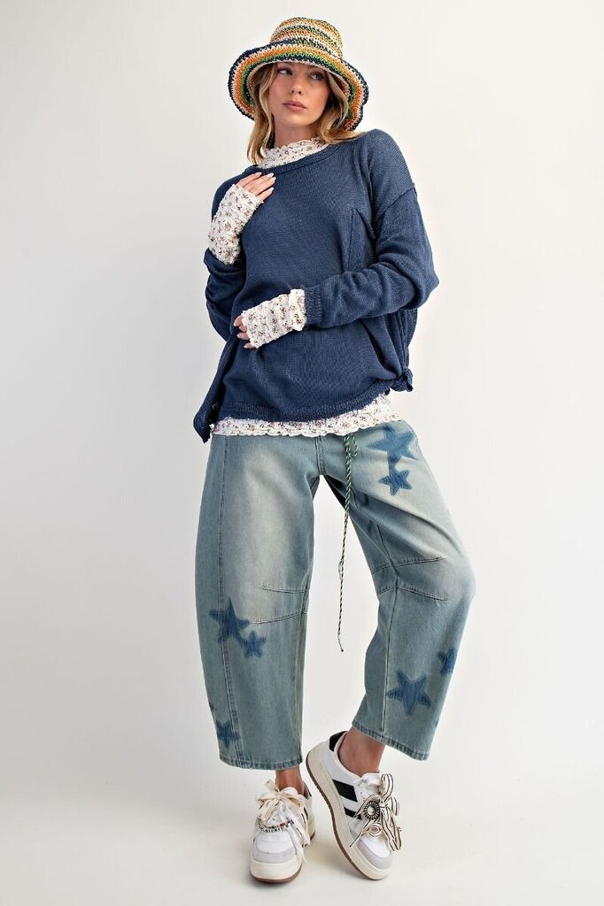 EASEL Denim Blue Long Sleeve Pocket Crew Neck Sweater