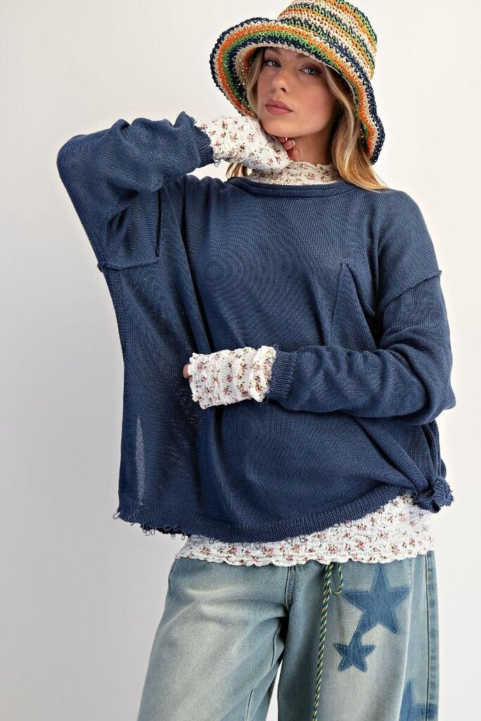 EASEL Denim Blue Long Sleeve Pocket Crew Neck Sweater