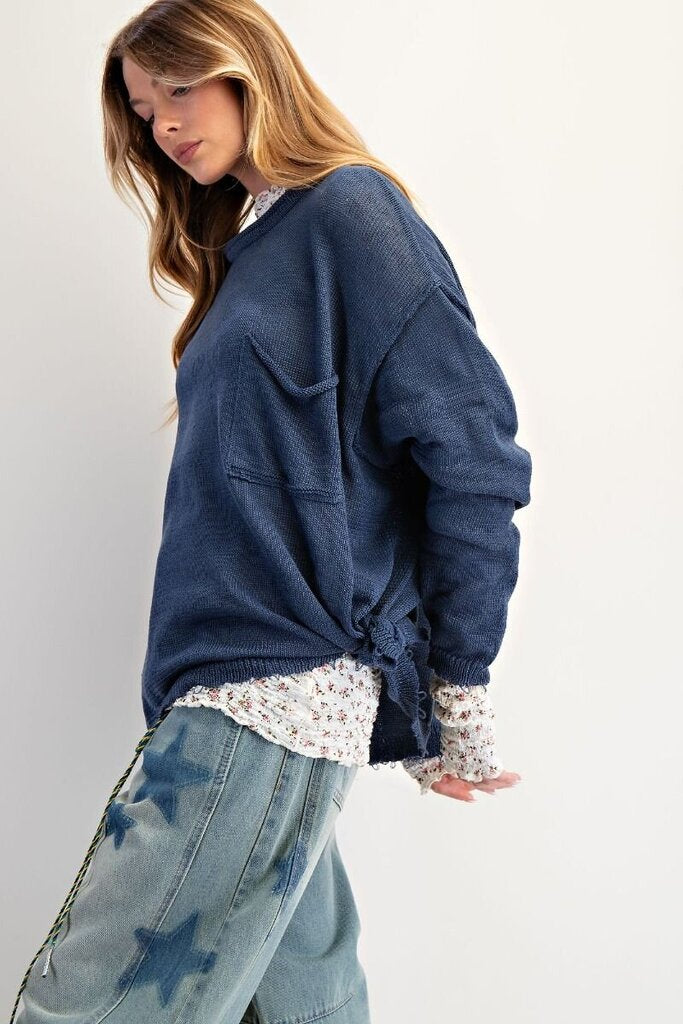 EASEL Denim Blue Long Sleeve Pocket Crew Neck Sweater