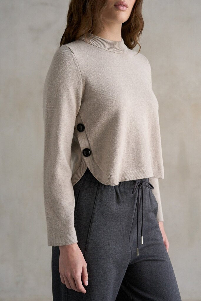 ELLE GREY Light Grey Side Button Crew Neck Sweater