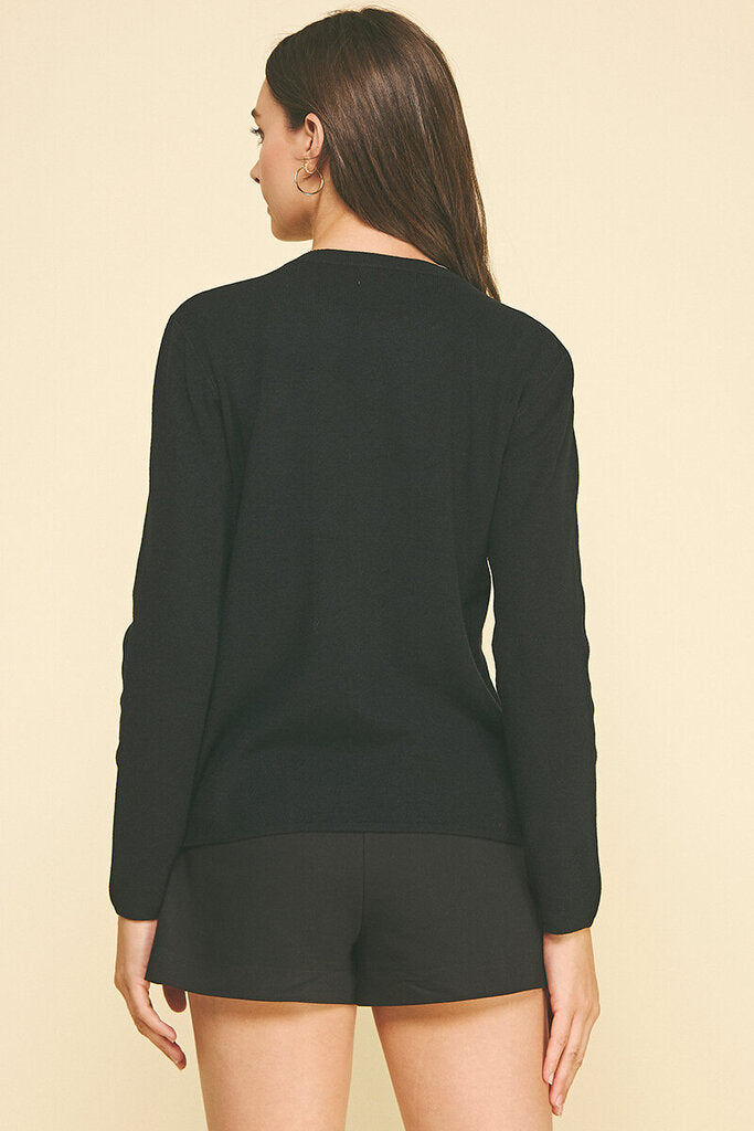 Pinch Black Small Jeweled Neckline Long Sleeve Sweater