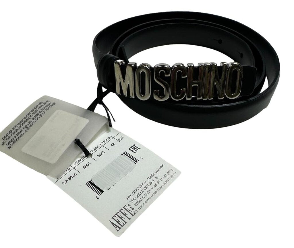 Moschino Black Slim Logo Belt NWT Size 48/L