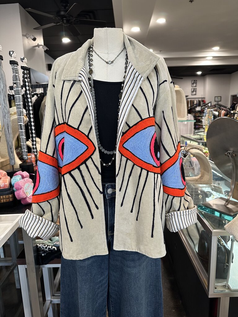 JAYSHREE DALAL Cream Velour w/Embellished Evil Eyes Jacket 1sz