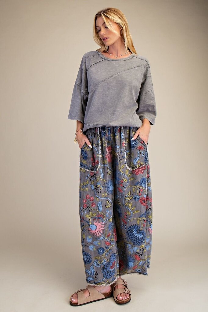 EASEL Grey Floral Print Washed Chambray Tencel Pants