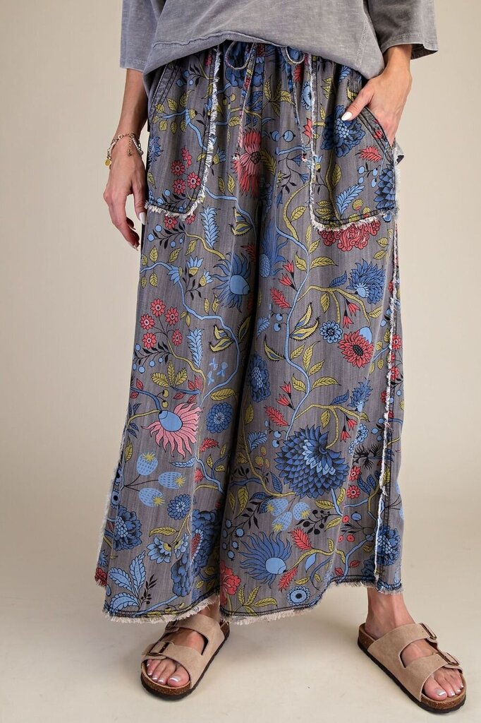 EASEL Grey Floral Print Washed Chambray Tencel Pants