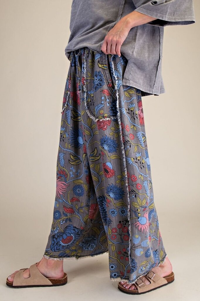 EASEL Grey Floral Print Washed Chambray Tencel Pants