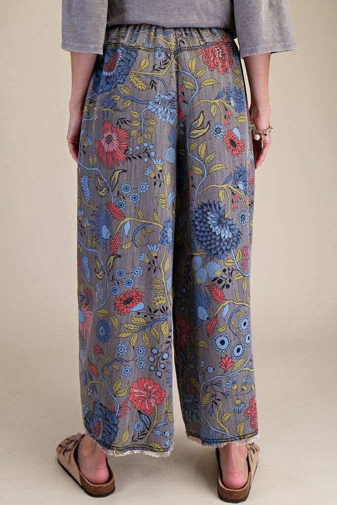 EASEL Grey Floral Print Washed Chambray Tencel Pants