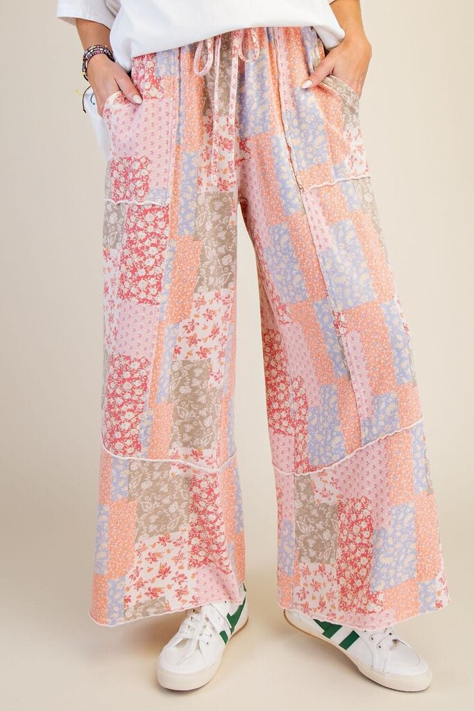 EASEL PATCHWORK PRINT MINERAL WASHED TERRY PANTS