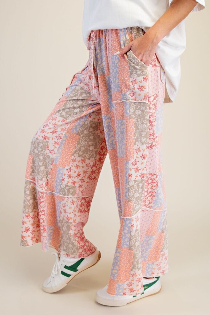 EASEL PATCHWORK PRINT MINERAL WASHED TERRY PANTS
