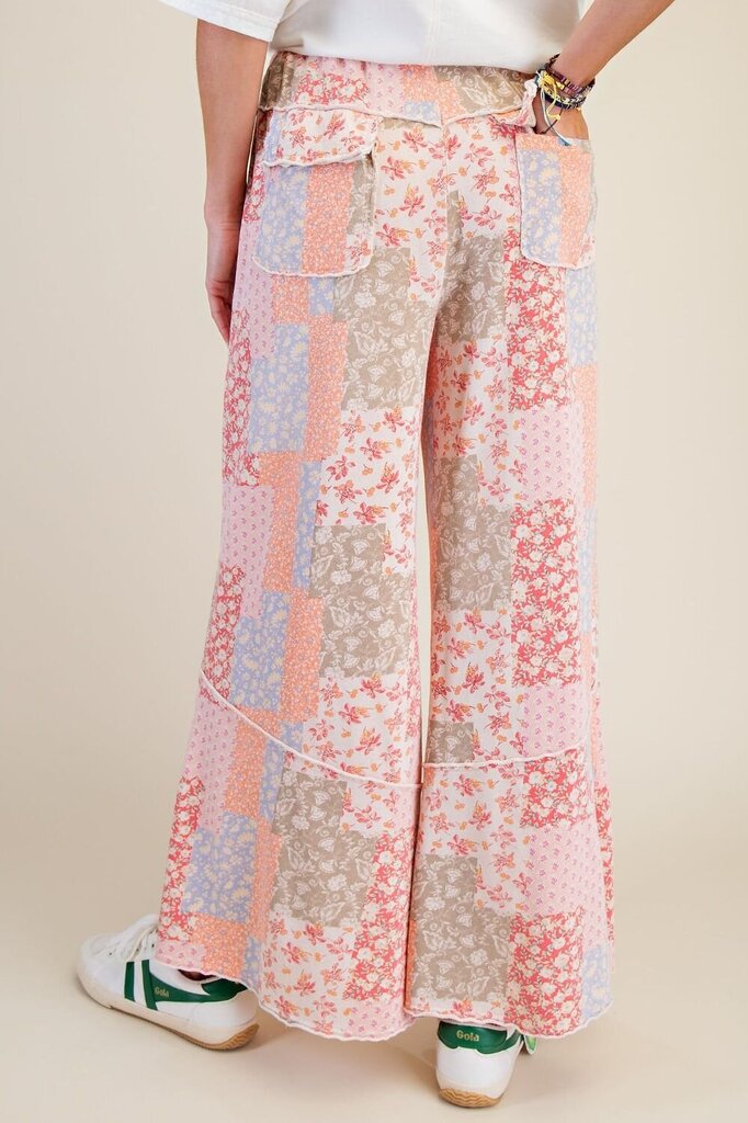 EASEL PATCHWORK PRINT MINERAL WASHED TERRY PANTS