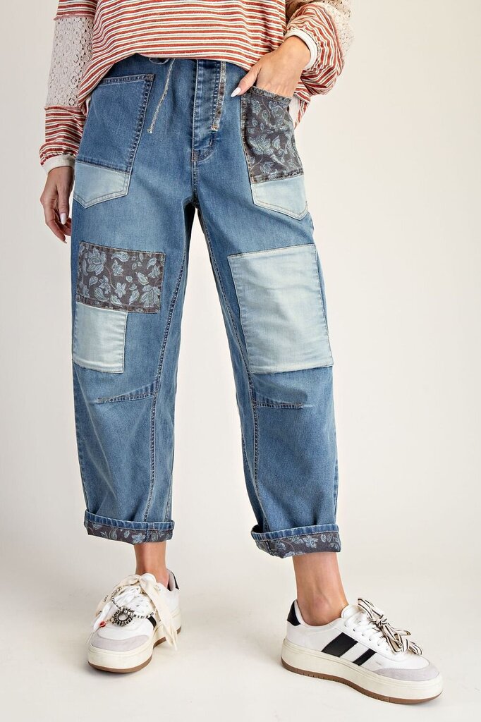 EASEL WASHED DENIM PATCHWORK & PAISLEY BARREL STRETCH JEANS