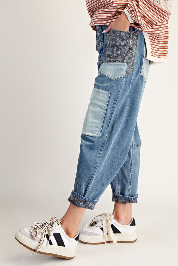 EASEL WASHED DENIM PATCHWORK & PAISLEY BARREL STRETCH JEANS