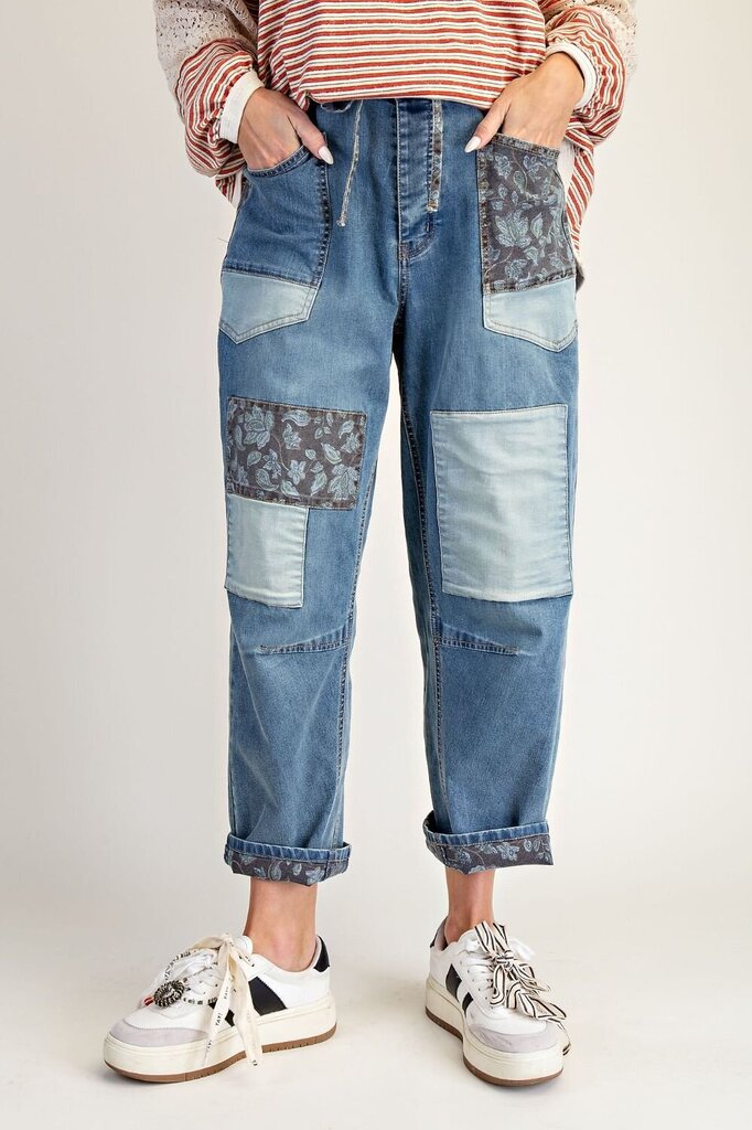 EASEL WASHED DENIM PATCHWORK & PAISLEY BARREL STRETCH JEANS