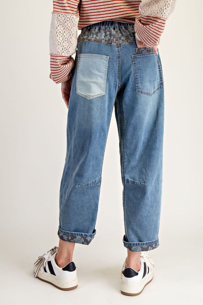 EASEL WASHED DENIM PATCHWORK & PAISLEY BARREL STRETCH JEANS