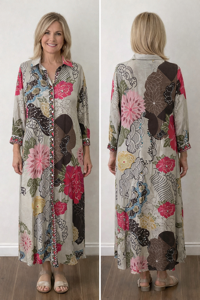 DOLMA Multi Floral Front Button Long Maxi Shirt Dress
