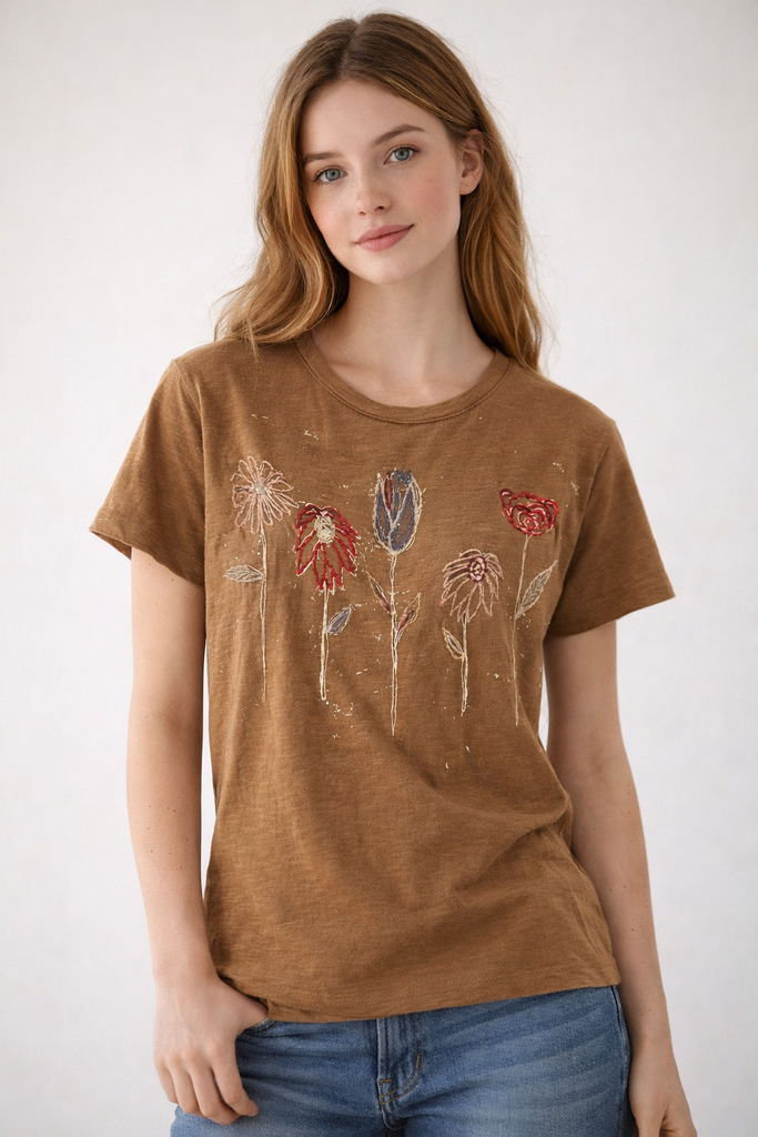 KYLA SEO Tan Short Sleeve Embroidered Floral Short Sleeve Tee Top
