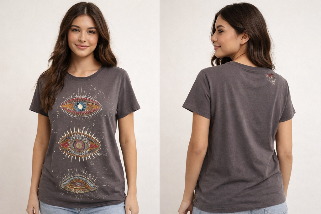 KYLA SEO Grey Short Sleeve Tee with Embroidered Evil Eyes