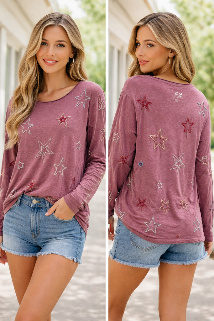 KYLA SEO Mulled Wine Long Sleeve Tee Embroidered Star Long Sleeve Top