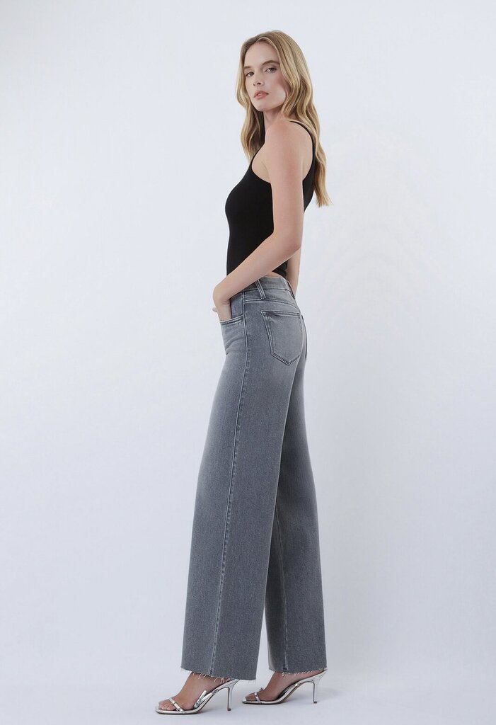 VERVET Grey Mid Rise Clean Cut Raw Hem Wide Leg Jeans