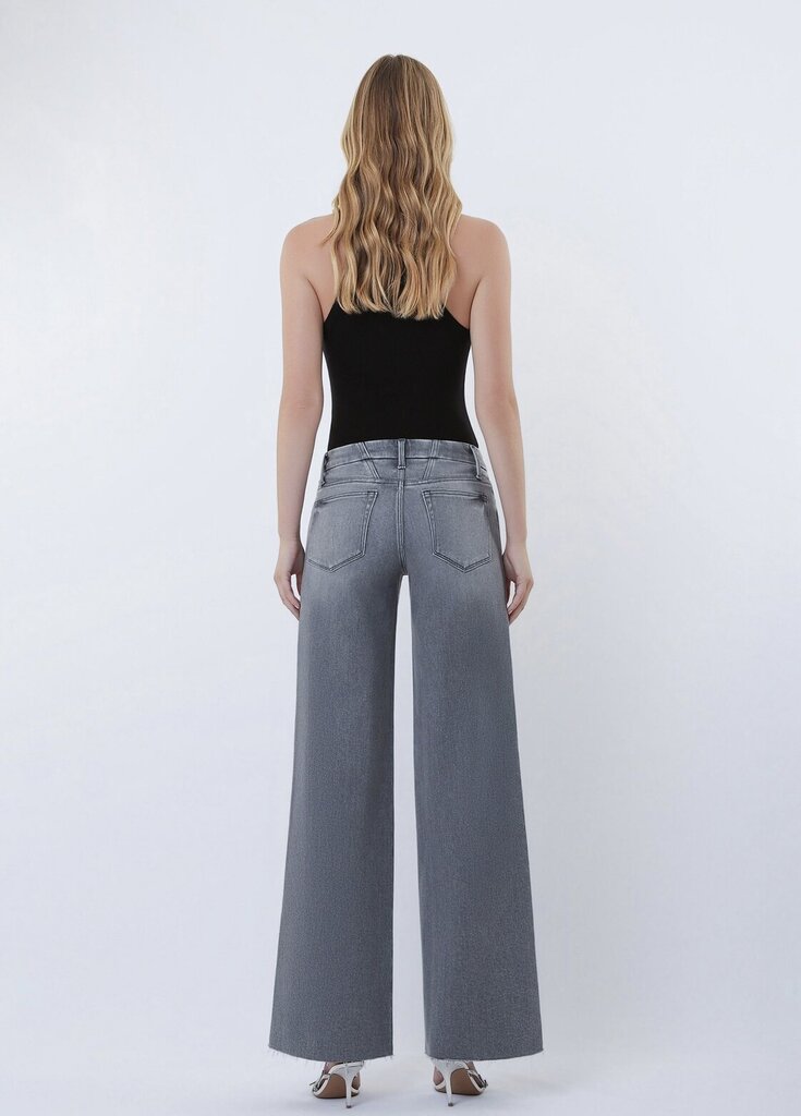 VERVET Grey Mid Rise Clean Cut Raw Hem Wide Leg Jeans