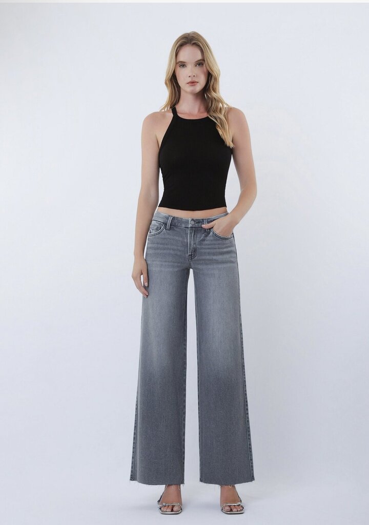 VERVET Grey Mid Rise Clean Cut Raw Hem Wide Leg Jeans