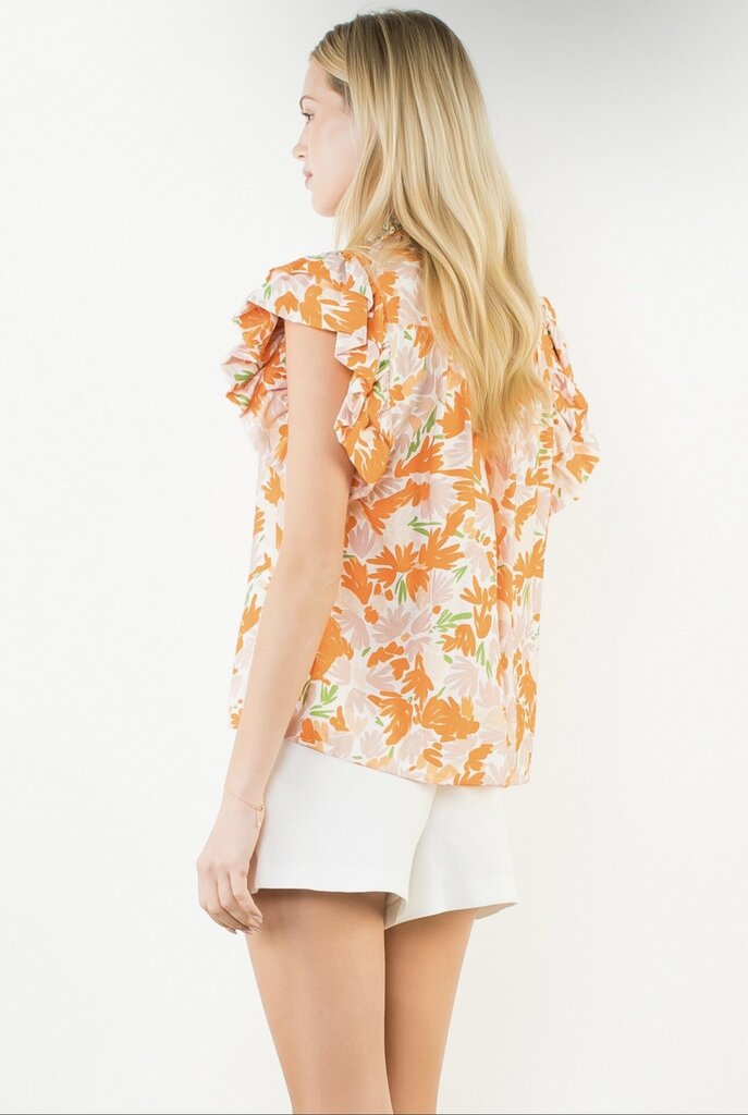 THML White and Orange Floral Fluttery Sleeves Top