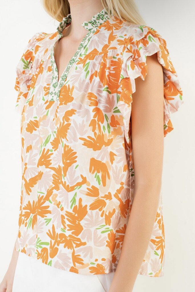 THML White and Orange Floral Fluttery Sleeves Top